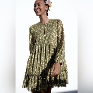 Zara Olive Floral Long Sleeve Dress
